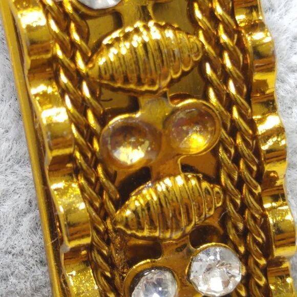 Vintage Gold Tone Rhinestone Bangle Bracelet Clear Red Green Small Size - Picture 8 of 9